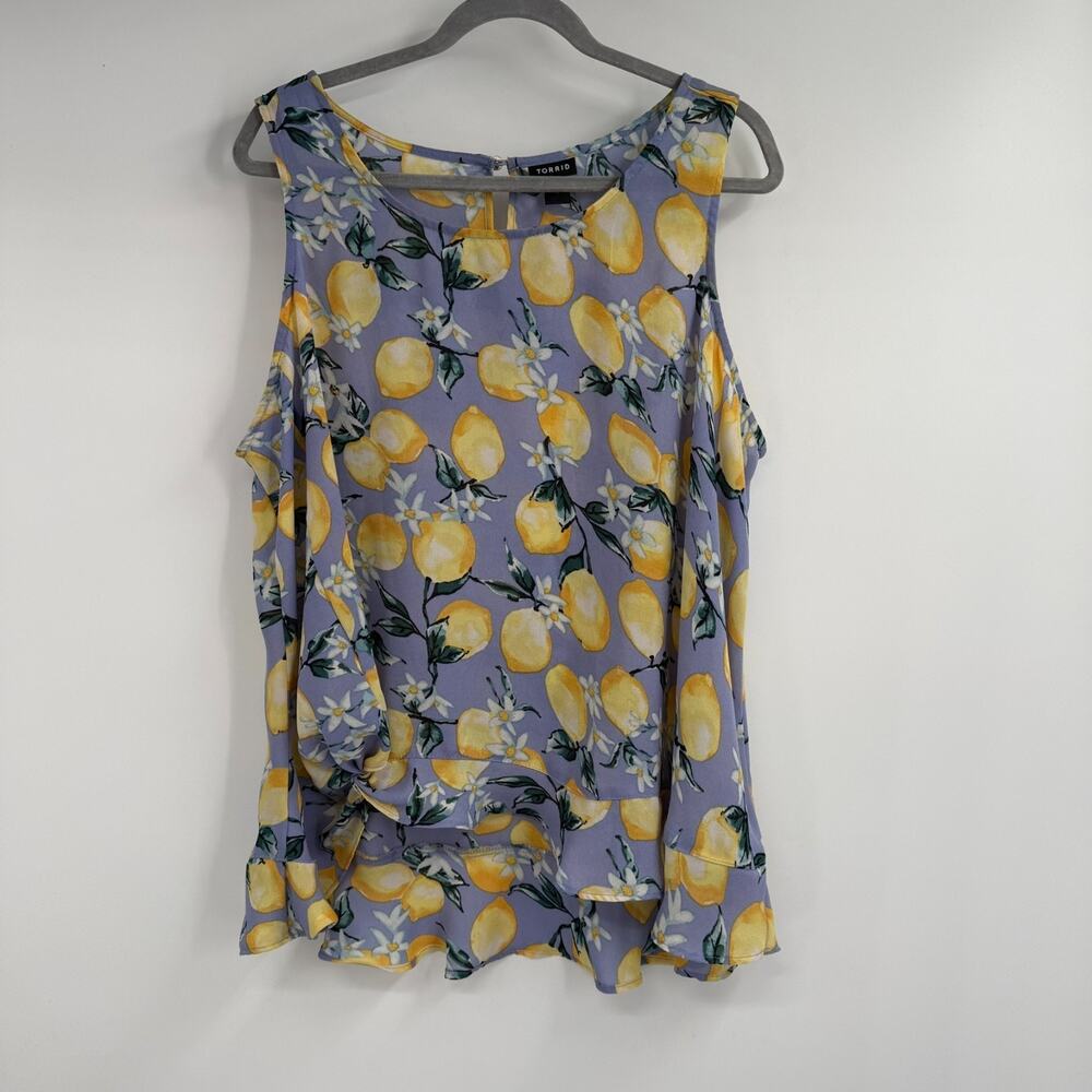 Torrid Lemon Print Tank Top Size 1X Purple Georgette Ruffle High Low Hem Keyhole - Picture 2 of 10